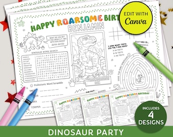 Dinosaur Birthday Placemat, Dinosaur Trex Party Activity Sheet, Jurassic Birthday Party, 4 Editable Activity Sheets, Dino Coloring