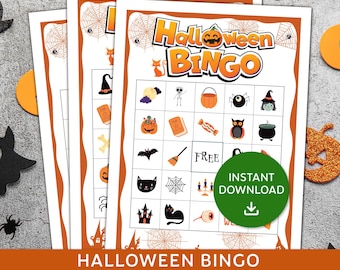 May include: A stack of Halloween Bingo cards with orange and white borders. The cards feature a variety of Halloween-themed images, including pumpkins, bats, and witches. The words "Halloween Bingo" are displayed at the top, with "Instant Download" in a green circle.