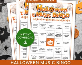 Juego de bingo musical de Halloween, bingo de Halloween con lista de reproducción de Spotify, fiesta de Halloween, juego de reunión familiar