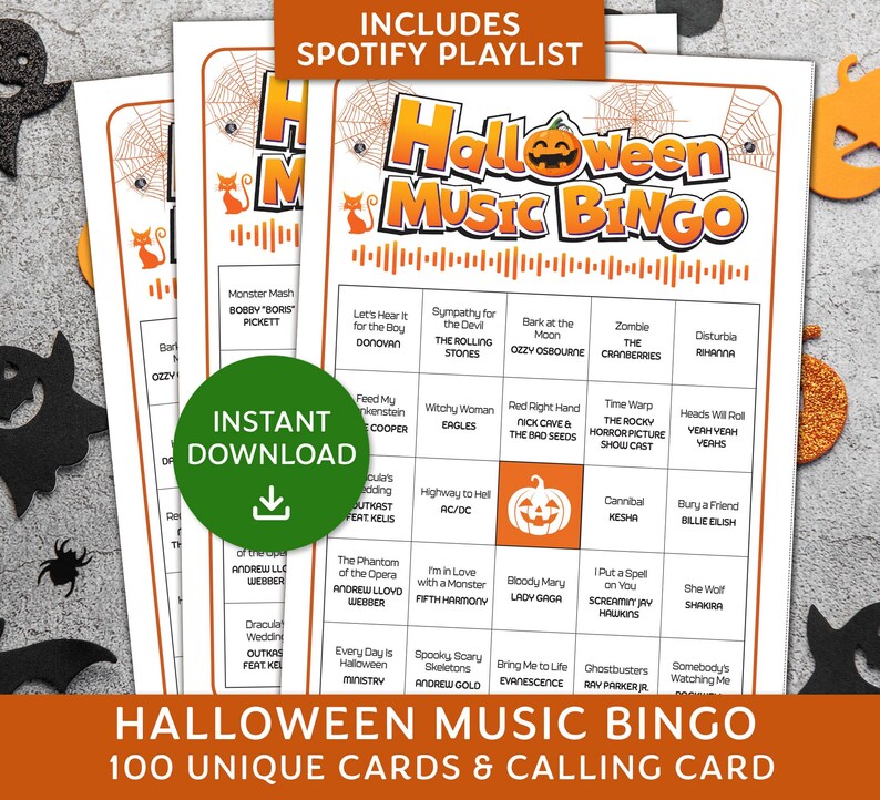 Halloween Music Bingo Game, Halloween Bingo with Spotify playlist, Halloween Party, Family Reunion Game