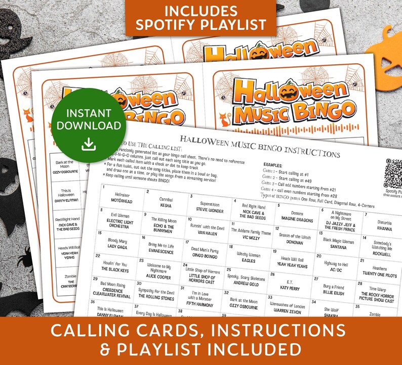 Halloween Music Bingo Game, Halloween Bingo with Spotify playlist, Halloween Party, Family Reunion Game