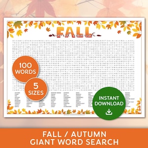 May include: A rectangular word search puzzle with the text "Fall" and "Autumn Giant Word Search". The puzzle includes 100 words and is available in 5 sizes. A green circle indicates "Instant Download".