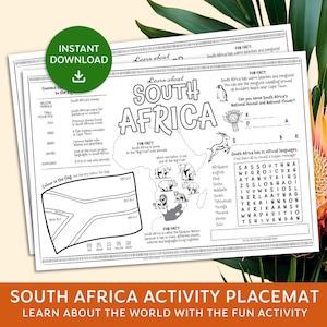 Op de afbeelding: Een Zuid-Afrikaanse activiteit placemat met de tekst "Learn about South Africa" en "Instant Download". De placemat bevat leuke weetjes, een kaart en activiteiten over Zuid-Afrika. De onderkant van de placemat luidt "South Africa Activity Placemat Learn About The World With The Fun Activity."