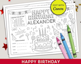 Birthday Activity Placemat, Happy Birthday Coloring Placemat, Girls Birthday Activity Sheet, Boys Birthday Activity Sheet