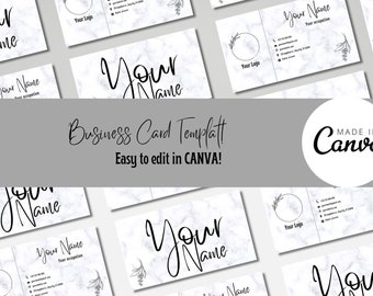 Puede incluir: Una plantilla de tarjeta de visita con un fondo de mármol y un diseño floral. El texto "Your Name" está escrito en una fuente cursiva. El texto "Business Card Template! Easy to edit in CANVA!" está escrito en negrita. El texto "MADE IN CANVA" está escrito en una fuente cursiva.
