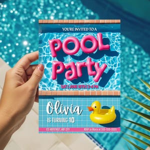 Girls Pool Party Invitation: Editable Swim Birthday Invite (Digital Download, 5x7 Canva Template)