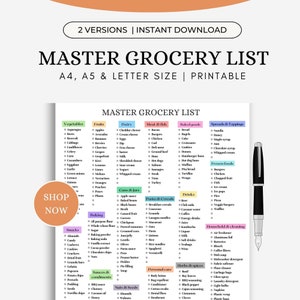 2025 Printable Master Einkaufsliste | 60+ Easy Meal Ideen | Wöchentlicher Einkauf | Checkliste für die Lebensmittelplanung | Mahlzeiten Organizer Listen