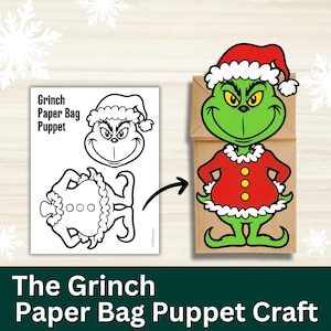 Rzemiosło z kukiełką Grinch Paper Bag dla dzieci, zabawna aktywność świąteczna dla maluchów z pierwszej i drugiej klasy, kolorowa figurka wycinana z kleju do klasy zimowej