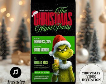Editable Grinch Christmas Cocktail Party Video Invitation with music, Animated Grinchmas Invite, Adult Christmas Drinking Night Mobile Evite