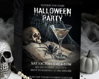 Könnte beinhalten: Schwarze Halloween-Party-Einladung mit Totenkopf, Spinne und Martini-Glas. Die Einladung enthält "Enter if you dare" und "Halloween Party". Details wie Datum, Uhrzeit, Ort und RSVP-Informationen sind enthalten.