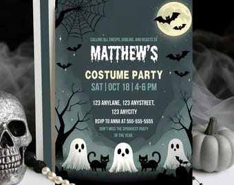 May include: Halloween party invitation with a spooky theme. The invitation features a full moon, bats, ghosts, and black cats. Text includes "Matthew's Costume Party" and event details.