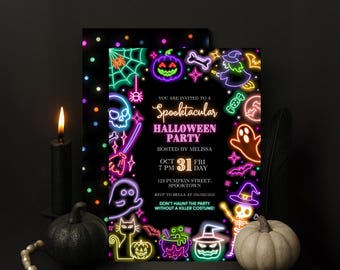 Editable Neon Halloween Spooktacular Halloween party invitation, kids Glow Halloween Costume party invite for boys and girls