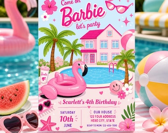 Editable Girls Pool Party Birthday Invitation Template, Doll Pool Party Birthday Invite, Pink Girls Swim Party Birthday Digital Invitation