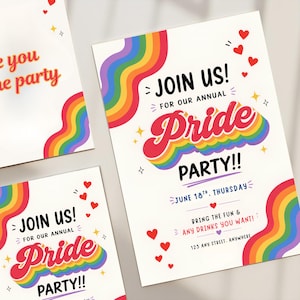 May include: A white invitation card featuring a rainbow wave design, red hearts, and yellow stars. The text reads: JOIN US! FOR OUR ANNUAL PRIDE PARTY!! JUNE 18TH, THURSDAY. BRING THE FUN & ANY DRINKS YOU WANT! 123 ANY STREET, ANYWHERE.