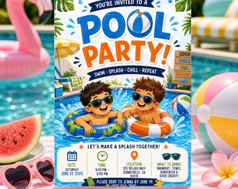 Printable Twin Boys Birthday Invitation, Pool Party Birthday Invite, Teen Boys Swim Party Invitation, Friends Birthday Canva Template