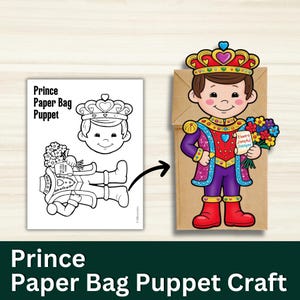 Easy Prince Paper Bag Puppet Craft for kids, Fun Classroom Valentines First & Second Grade Toddler Activity, Color cut glue Crafts for Boys