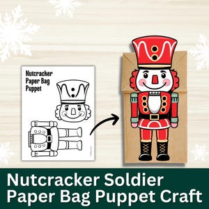 以下が含まれることがあります： 赤、白、黒のくるみ割り人形兵士の紙袋人形クラフト。人形は茶色の紙袋に入っています。黒い矢印は、「Nutcracker Paper Bag Puppet」という言葉が入った白黒の塗り絵を指しています。