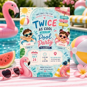 Puede incluir: Una invitación a una fiesta en la piscina con el texto "Twice as Cool" y "Pool Party". La invitación presenta ilustraciones de niños en flotadores, un flamenco, pelotas de playa y la fecha del 26 de julio.