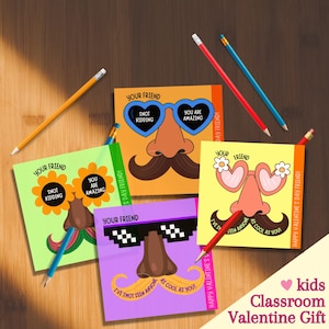 May include: Four colorful Valentine's Day cards with different silly faces and the text "Your Friend" and "Snot Kidding" on each card.