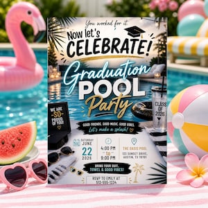 May include: A graduation pool party invitation with the text "Now let's CELEBRATE! Graduation POOL Party". The invitation includes details for June 22, 2026, at The Oasis Pool. The image features a flamingo float, sunglasses, and a beach ball.