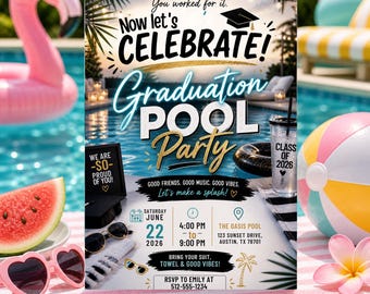 Graduation Pool Party Invitation for boys. Black Class of 2026 Celebration Invite. College or High School Grad Party eVite Editable Template