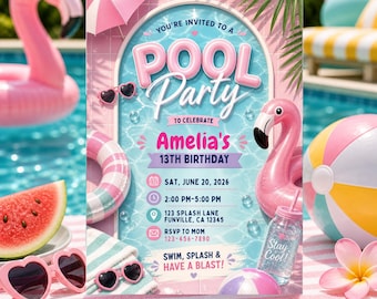 Girls Pool Party Birthday Party Invitation Template, Pink Flamingo Girls Swim Party Birthday Invite, Pink Summer Birthday Pool Celebration