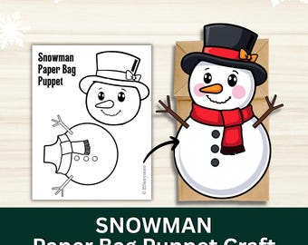 Marionetas de mano navideñas para niños hechas con bolsa de papel, manualidades de muñeco de nieve, manualidades imprimibles de muñecos de nieve para niños pequeños, actividades navideñas con marionetas de mano.