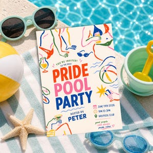 May include: A rectangular invitation card with a cream background featuring colorful line art of people, drinks, and pool items. The text reads: YOU'RE INVITED! TO THE BEST PRIDE POOL PARTY HOSTED BY PETER JUNE 19TH 2026 1PM TO 3PM RAY POOL CLUB.