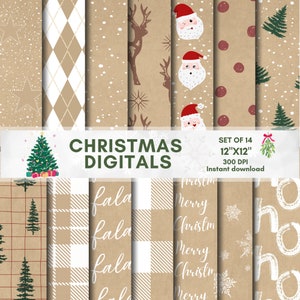 Puede incluir: Un conjunto de 14 papeles digitales navideños, cada uno de 30,48 cm x 30,48 cm, con diseños festivos. Los diseños incluyen estrellas, rombos, renos, caras de Papá Noel y árboles de Navidad. Los papeles son marrones y blancos, con "Christmas Digitals".