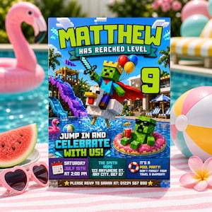 Pode incluir: Um convite colorido para uma festa na piscina com o texto "MATTHEW HAS REACHED LEVEL 9". O design apresenta personagens pixelados, uma cena de piscina e detalhes do evento. Inclui um flutuador de flamingo, melancia e óculos de sol.