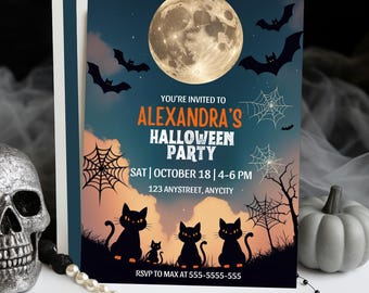 Editable boy Halloween party Invitation, Halloween Invitation Kids Halloween party Halloween Spooky Party Invite, boy cat theme party invite