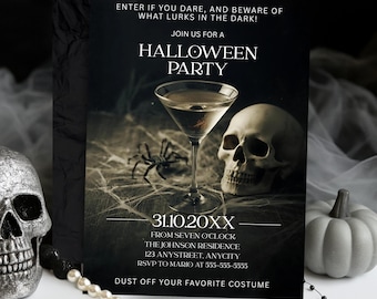 May include: A Halloween party invitation with a martini glass, spider, and skull on a web background. The invitation text reads "Enter if you dare... Halloween Party" with date, time, and RSVP information. The invitation is black and white.