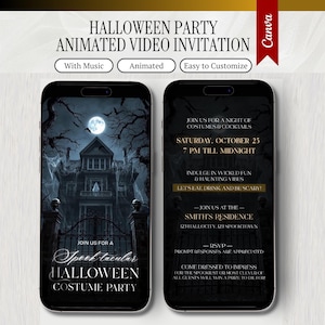 May include: Two smartphones displaying a Halloween party video invitation. The screens feature a dark haunted house, a full moon, and text including Join us for a Spook-tacular Halloween Costume Party, date, time, and location details in gold and white.