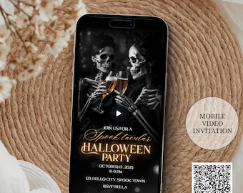 May include: A smartphone displays a Halloween party invitation. The image features skeletons toasting champagne. Text on the invitation reads "Spooktacular Halloween Party" on October 13, 2025, from 6-9 PM. A QR code and "Scan to Preview" are also visible.