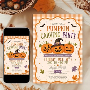 May include: A rectangular invitation card and a smartphone screen displaying a Pumpkin Carving Party announcement. The design features orange gingham borders, three jack-o'-lanterns, a witch hat, bats, and autumn leaves with text details.