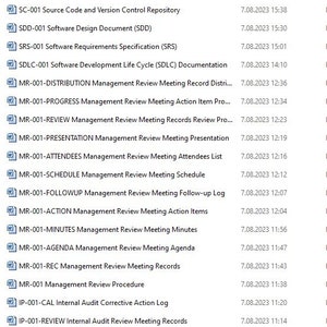 May include: A list of document titles and their corresponding dates. The document titles are related to software development, management review meetings, and internal audits. The dates are formatted as month, day, year, and time.