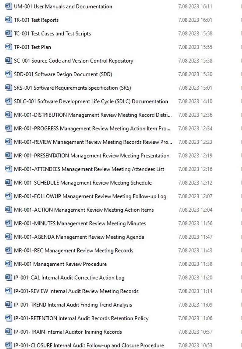 May include: A list of document titles and their corresponding dates. The document titles are related to software development, management review meetings, and internal audits. The dates are formatted as month, day, year, and time.