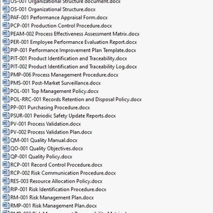 May include: A list of document titles, each with a unique code and a descriptive name, such as "Organizational Structure document.docx" and "Performance Appraisal Form.docx".