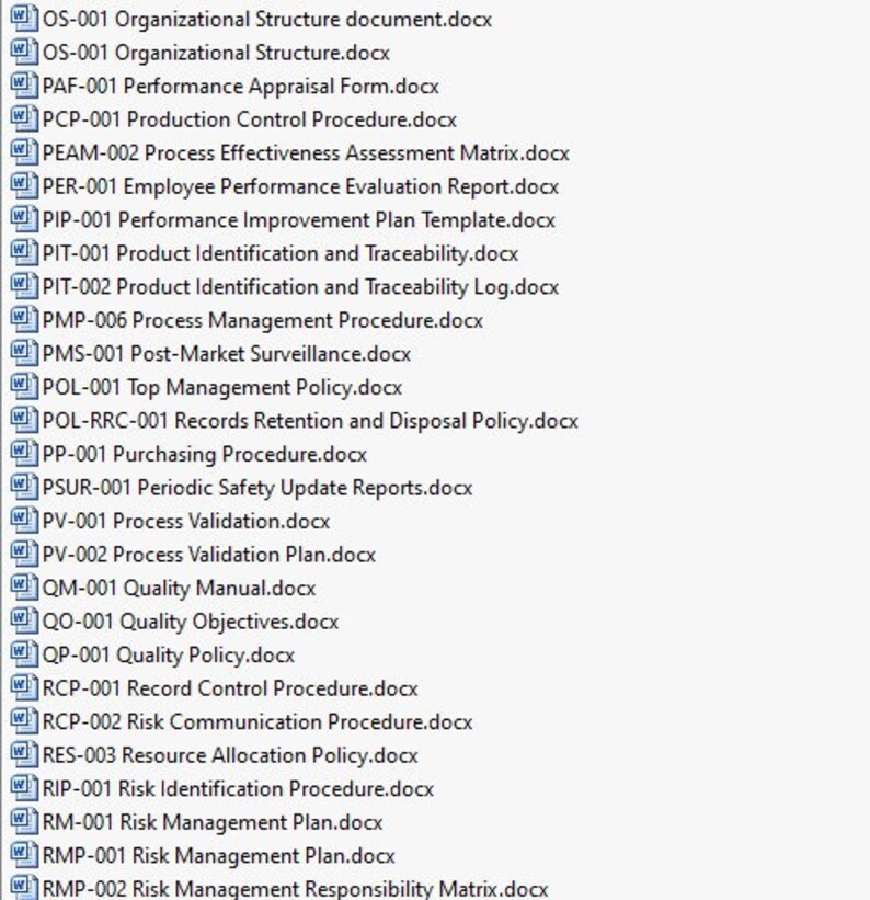 May include: A list of document titles, each with a unique code and a descriptive name, such as "Organizational Structure document.docx" and "Performance Appraisal Form.docx".