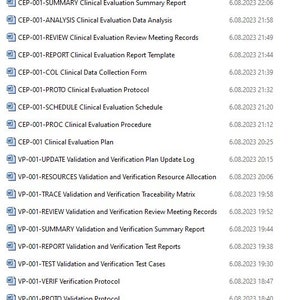 May include: A list of documents related to clinical evaluation and validation, with document titles and corresponding dates. The documents include clinical evaluation plan update log, risk assessment, resource allocation, summary report, data analysis, review meeting records, report template, data collection form, protocol, schedule, procedure, and plan. The validation documents include plan update log, resource allocation, traceability matrix, review meeting records, summary report, test reports, test cases, verification protocol, validation protocol, requirements, schedule, procedure, and plan.