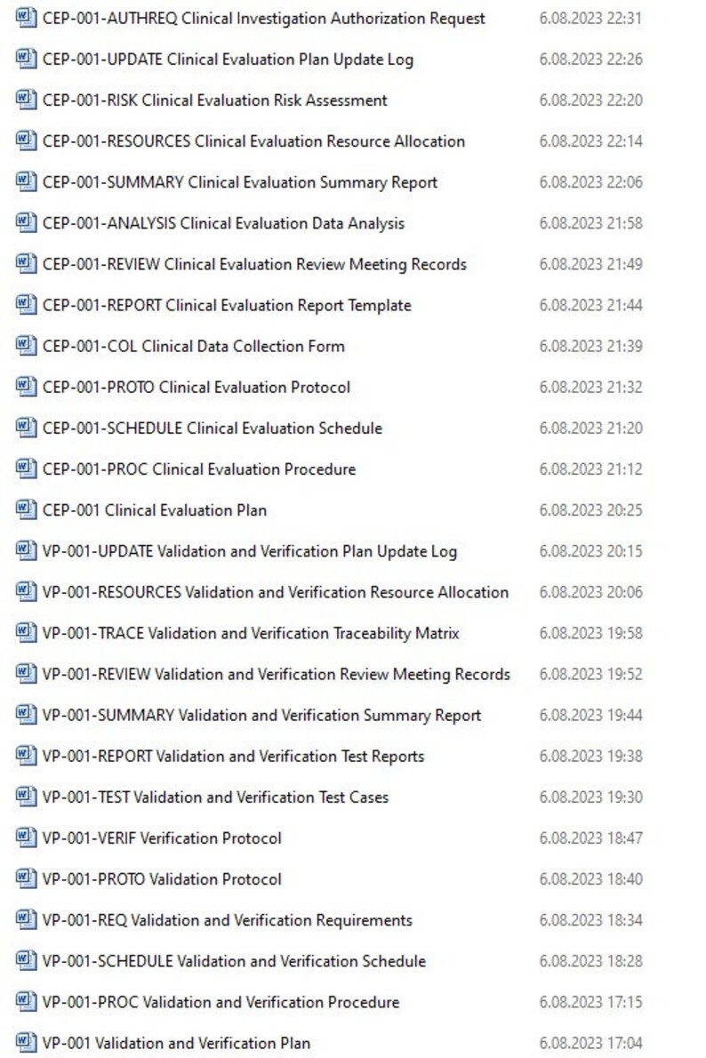 May include: A list of documents related to clinical evaluation and validation, with document titles and corresponding dates. The documents include clinical evaluation plan update log, risk assessment, resource allocation, summary report, data analysis, review meeting records, report template, data collection form, protocol, schedule, procedure, and plan. The validation documents include plan update log, resource allocation, traceability matrix, review meeting records, summary report, test reports, test cases, verification protocol, validation protocol, requirements, schedule, procedure, and plan.