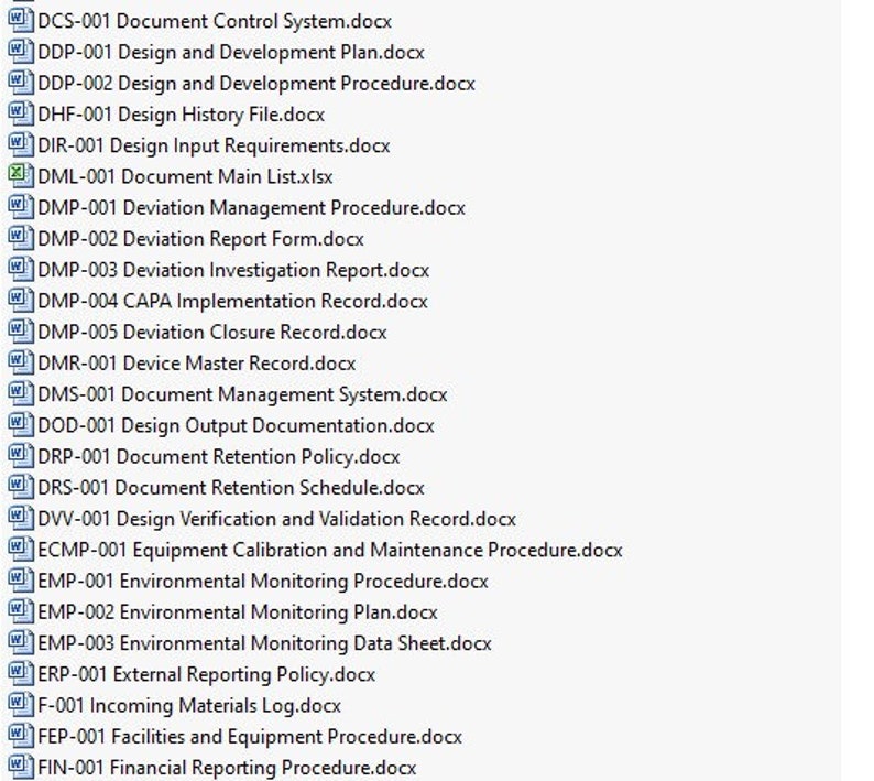 May include: A list of document titles, including "Document Control System", "Design and Development Plan", "Design History File", "Device Master Record", "Document Management System", "Design Output Documentation", "Document Retention Policy", "Design Verification and Validation Record", "Equipment Calibration and Maintenance Procedure", "Environmental Monitoring Procedure", "Environmental Monitoring Plan", "Environmental Monitoring Data Sheet", "External Reporting Policy", "Incoming Materials Log", "Facilities and Equipment Procedure", and "Financial Reporting Procedure".
