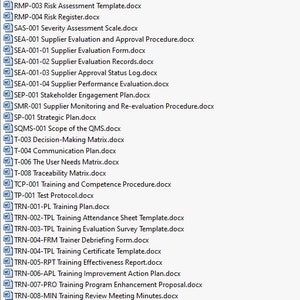 May include: A list of document titles, each ending in '.docx', related to risk assessment, supplier evaluation, stakeholder engagement, strategic planning, quality management systems, training, and competence procedures.