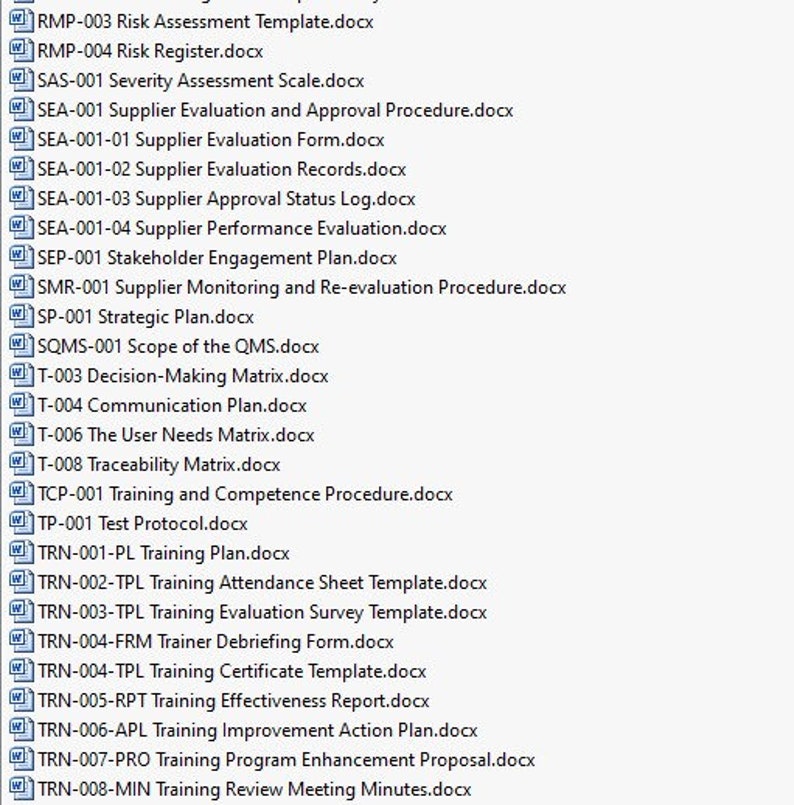 May include: A list of document titles, each ending in '.docx', related to risk assessment, supplier evaluation, stakeholder engagement, strategic planning, quality management systems, training, and competence procedures.