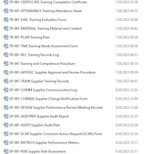 May include: A list of training and supplier records with their corresponding document titles and last updated dates. The list includes documents such as Training Records Access Control Policy, Training Records Retention Policy, Training Records Update Log, Training Records Verification Procedure, Training Completion Certificate, Training Attendance Sheet, Training Evaluation Form, Training Material and Content, Training Plan, Training Needs Assessment Form, Training Records Log, Training and Competence Procedure, Supplier Approval and Review Procedure, Supplier Training Records, Supplier Communication Log, Supplier Change Notification Form, Supplier Performance Review Meeting Records, Supplier Audit Report, Supplier Audit Plan, Supplier Corrective Action Request (SCAR) Form, Supplier Performance Metrics, Supplier Risk Assessment, Supplier Qualification Checklist, Supplier Evaluation Form, Approved Supplier List, and Supplier Management Procedure.