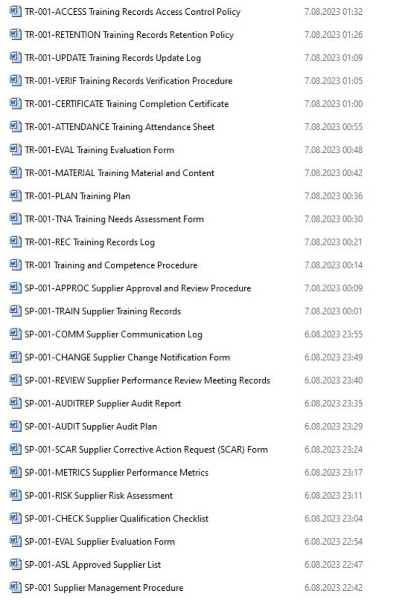 May include: A list of training and supplier records with their corresponding document titles and last updated dates. The list includes documents such as Training Records Access Control Policy, Training Records Retention Policy, Training Records Update Log, Training Records Verification Procedure, Training Completion Certificate, Training Attendance Sheet, Training Evaluation Form, Training Material and Content, Training Plan, Training Needs Assessment Form, Training Records Log, Training and Competence Procedure, Supplier Approval and Review Procedure, Supplier Training Records, Supplier Communication Log, Supplier Change Notification Form, Supplier Performance Review Meeting Records, Supplier Audit Report, Supplier Audit Plan, Supplier Corrective Action Request (SCAR) Form, Supplier Performance Metrics, Supplier Risk Assessment, Supplier Qualification Checklist, Supplier Evaluation Form, Approved Supplier List, and Supplier Management Procedure.