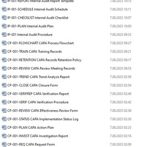 May include: A list of document titles and their corresponding dates. The document titles are related to corrective and preventive action (CAPA) processes, internal audits, and training records.