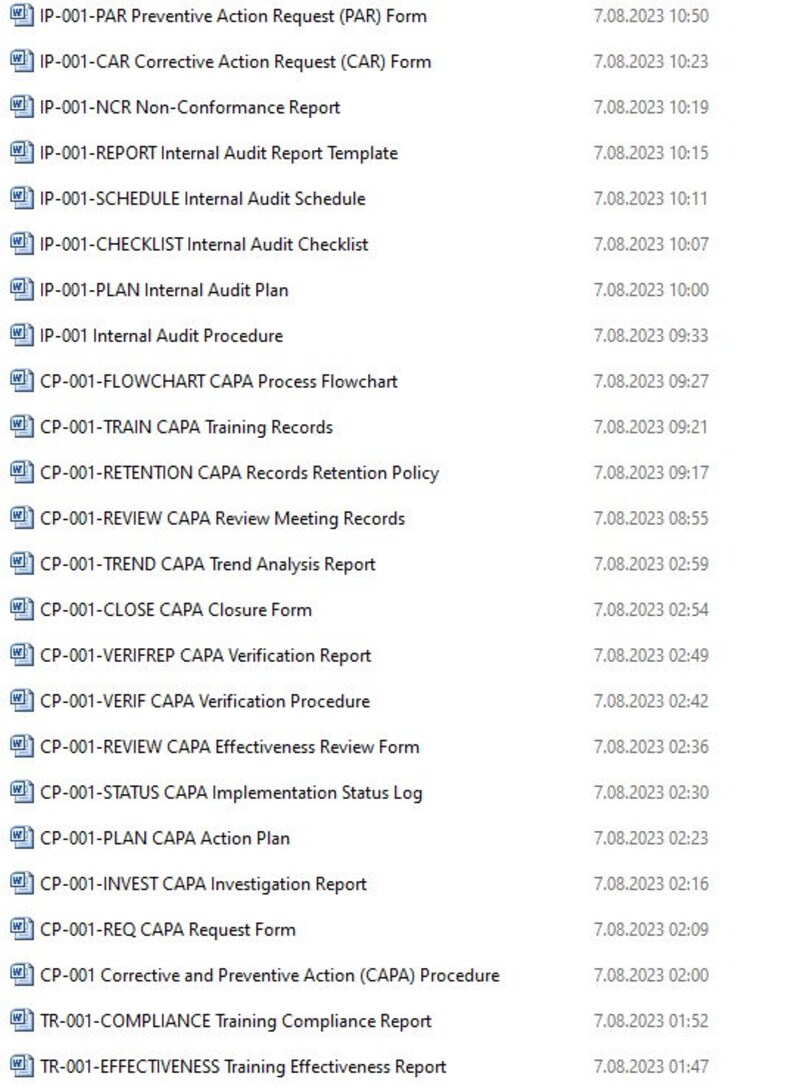 May include: A list of document titles and their corresponding dates. The document titles are related to corrective and preventive action (CAPA) processes, internal audits, and training records.