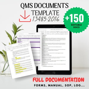 May include: A digital tablet displaying a document titled "Periodic Safety Update Report (P.S.U.R)" with a green circle containing the text "+150 Editable Docs" in the upper right corner. The tablet is on a table with a green plant in the background. The text "QMS Documents Template 13485:2016" is displayed above the tablet.