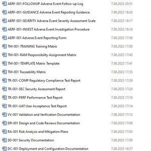 May include: A list of documents with their corresponding document codes and titles, along with the date and time they were last updated. The documents are related to adverse events, training, regulatory compliance, security, performance, user acceptance, validation, design, risk analysis, deployment, bug reports, release notes, and change requests.